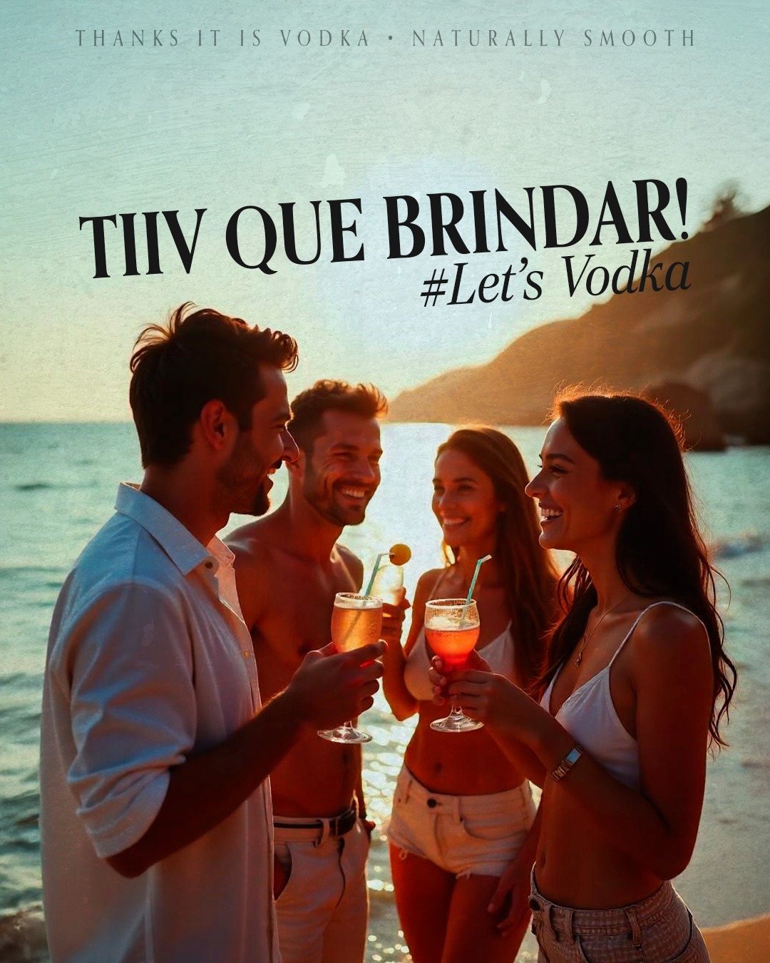 Amigos brindando com Tiiv em fotografia oficial da marca